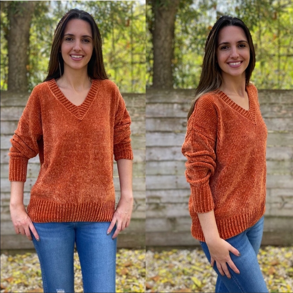 High Quality Burnt Orange V-Neck Chenille Sweater